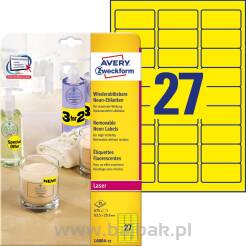 Etykiety żółte neonowe L6004-25 63,5x29,6 25 ark usuwalne, Avery Zweckform